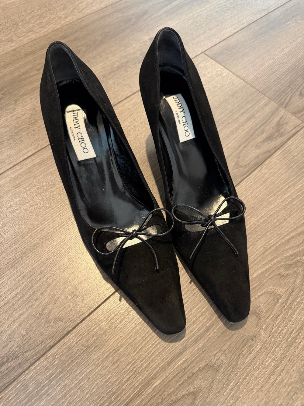 Jimmy Choo Black Suede Pointed-Toe Pumps with Bow Accent